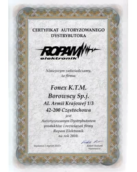 Certyfikat autoryzowanego dystrybutora ROPAM elektronik (2010) - zdjęcie