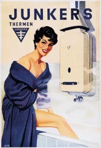 Ok. 1955: Plakat reklamujący termy marki Junkers. Po przejęciu zakładów urządzeń gazowych od firmy Junkers w 1932 roku Bosch zadebiutował w nowym segmencie rynku