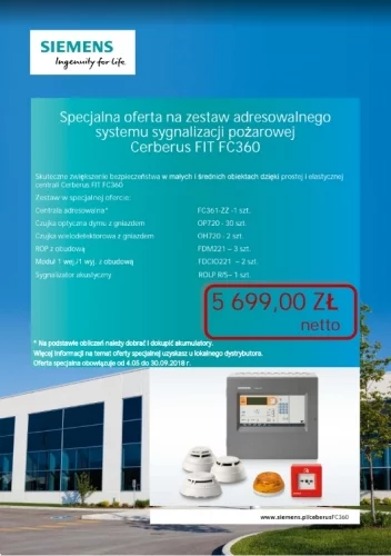 Specjalna oferta na zestaw adresowalnego systemu sygnalizacji pożarowej Cerbus FIT FC 360