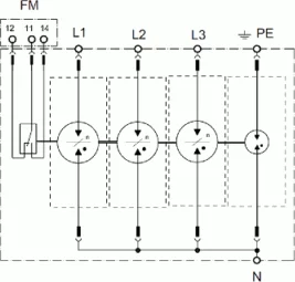 Rys. 5. Schemat ogranicznika Leutron typu CT-T1+2/3+1-350-FM (ogranicznik typu 1+2)  do zabezpieczenia rozdzielni głównej