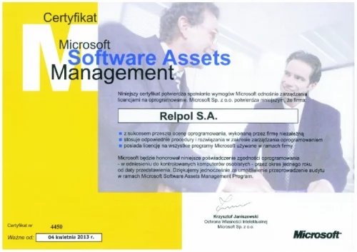 Certyfikat Microsoft dla firmy Relpol S.A.