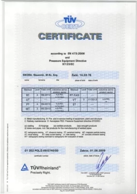 Przykładowy certyfikat kompetencji jednego z wykładowców Ośrodka Szkolenia i Nadzoru Spawalniczego Instytutu Spawalnictwa
