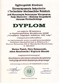 Dyplom za zajęcie III miejsca w Ogólnopolskim konkursie SIMP za Najlepsze Osiągnięcie Techniczne 2012 roku dla firmy Instytut Spawalnictwa