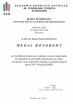 Medal Honorowy dla dr hab. inż. Hanny Wiśniewskiej-Weinert, prof. nadzw. Instytut Obróbki Plastycznej