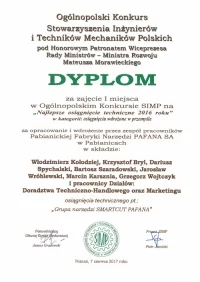 Dyplom za zajęcie I miejsca w Ogólnopolskim Konkursie SIMP