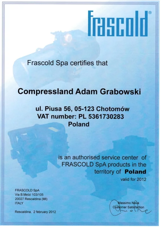 Firma Compressland została pierwszym i jedynym oficjalnym Centrum Serwisowym Firmy Frascold.
