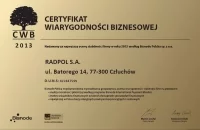 Radpol zdobył Certyfikat Wiarygodności Biznesowej