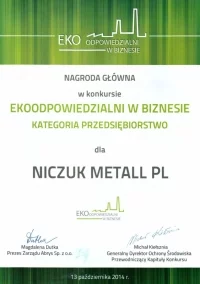 Dyplom Ekoodpowiedzialni w biznesie dla firmy Niczuk Metall-PL
