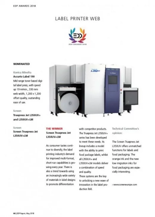 Przemysłowa maszyna cyfrowa do druku etykiet SCREEN TRUEPRESS JET L350UV+LM zdobywa prestiżową nagrodę EDP