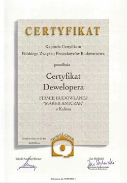 Certyfikat Dewelopera dla firmy FB Antczak
