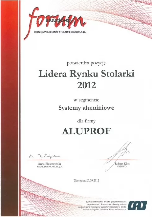 Wyróżnienie dla Aluprof: Lider Rynku Stolarki 2012