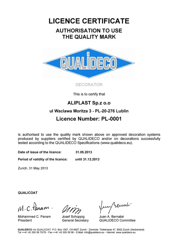 Certyfikat QUALIDECO - Aliplast PL-0001