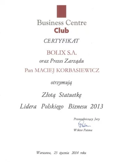 Certyfikat Lidera Polskiego Biznesu 2014 dla firmy BOLIX
