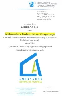 Rekomendacja Ambasador Budownictwa Pasywnego dla Aluprof