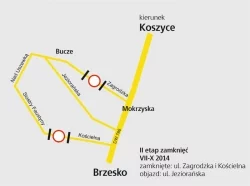 Mapy zamknięć i objazdów podczas budowy rond na drodze Brzesko-Koszyce Skanska