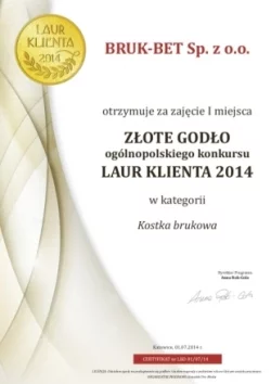 Dyplom Złoty Laur Klienta 2014, BRUK-BET