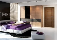 Przytulny charakter nowoczesnej sypialni uzyskano dzięki zastosowaniu drewnianych elementów wyposażenia, POL-SKONE