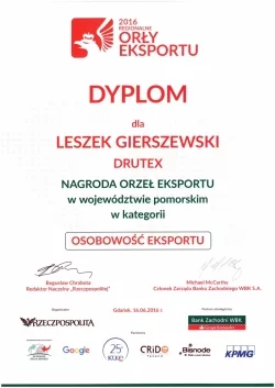 Nagroda Dziennika „Rzeczpospolita” – Orły Eksportu dla DRUTEX S.A. i prezesa Leszka Gierszewskiego.