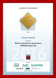 Brama segmentowa Petecki FUTURE 80 została laureatem programu “Ekskluzywna Stolarka VIP 2016”
