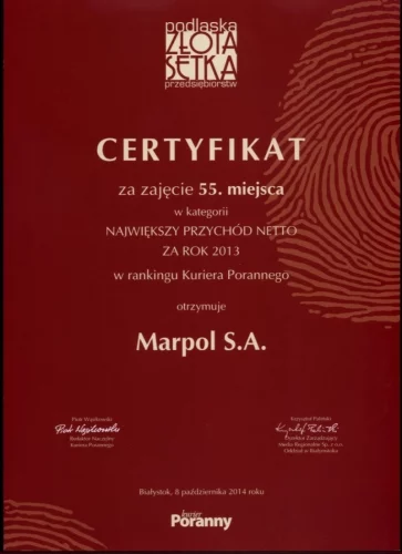 Certyfikat Podlaska Złota Setka Przedsiębiorstw za rok 2013 firmy Marpol
