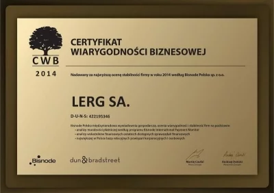 Certyfikat Wiarygodności Biznesowej  firmy Lerg