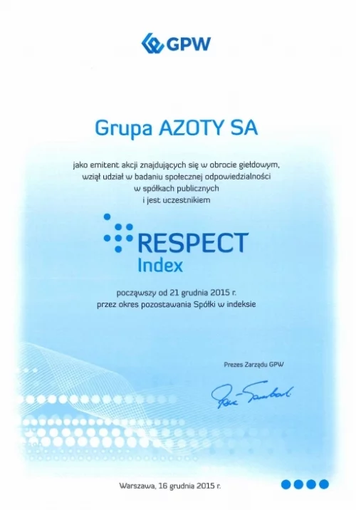 Dyplom dla Grupy Azoty S.A. w 9 edycji Respect Index