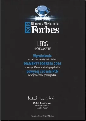 Dynamiczny rozwój LERG wyróżniony tytułem „Diamenty Forbesa” 2016
