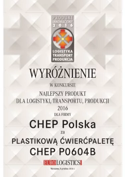 Plastikowa paleta wystawowa CHEP z wyróżnieniem za Najlepszy Produkt dla Logistyki, Transportu, Produkcji 2016