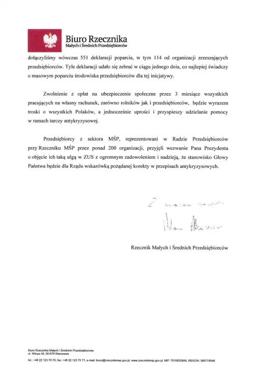 List Rzecznika MŚP do Prezydenta RP z deklaracją wsparcia dla inicjatywy zwolnienia z ZUS przedsiębiorców