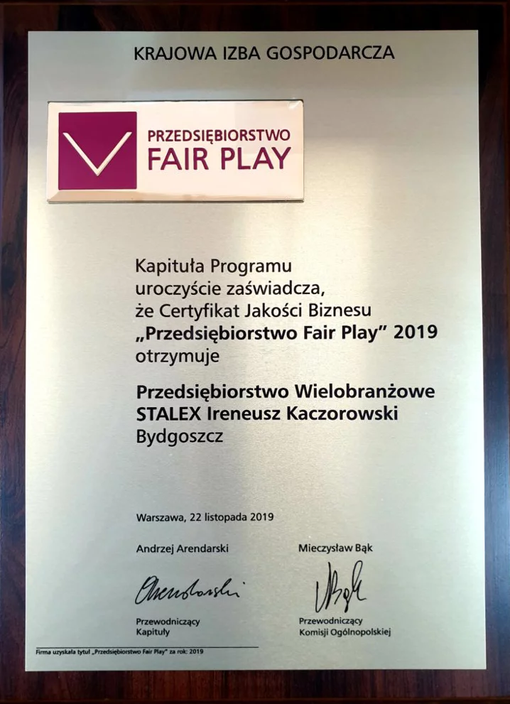 Certyfikat Przedsiębiorstwo Fair Play 2019