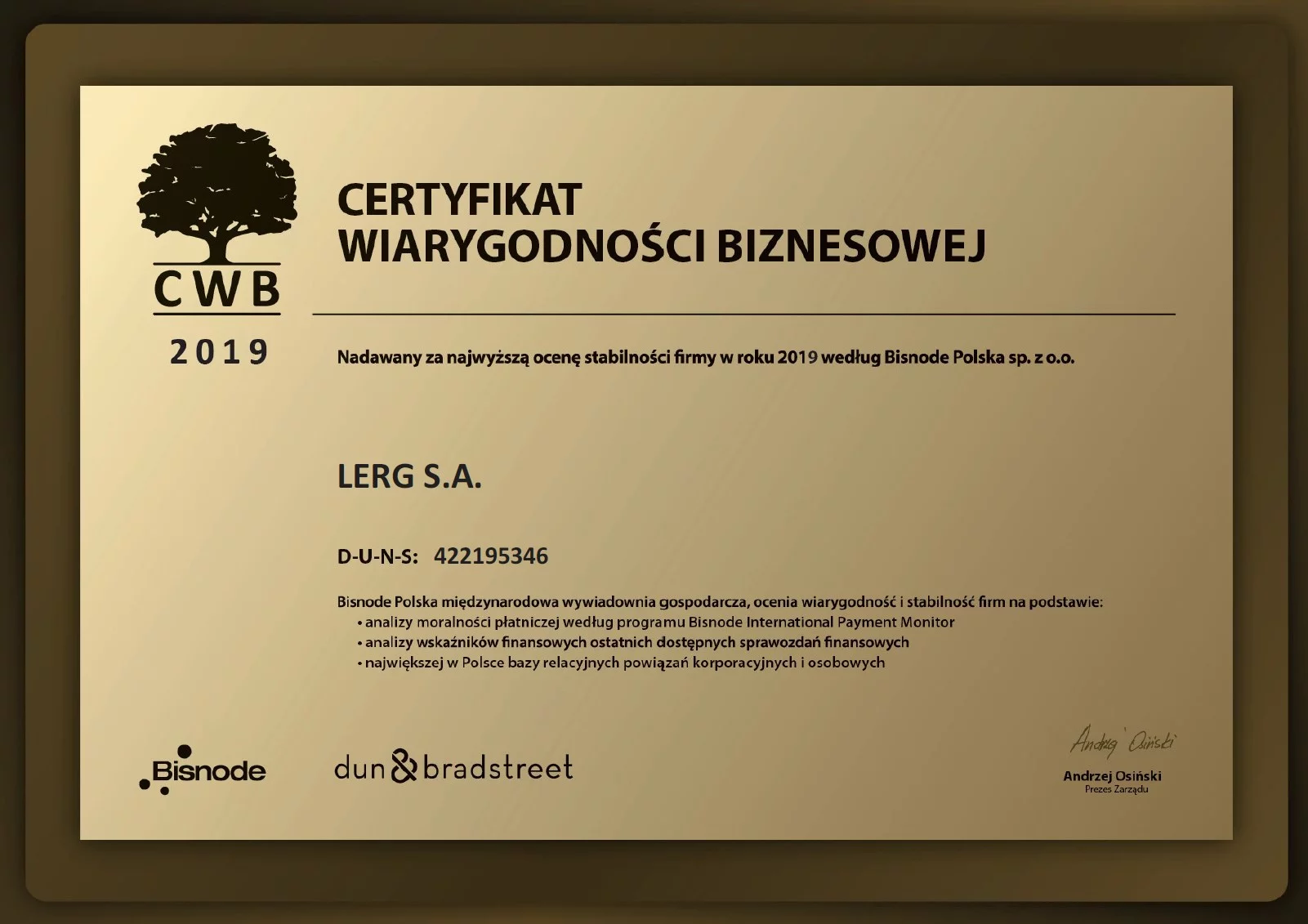 Certyfikat Wiarygodności Biznesowej dla firmy LERG
