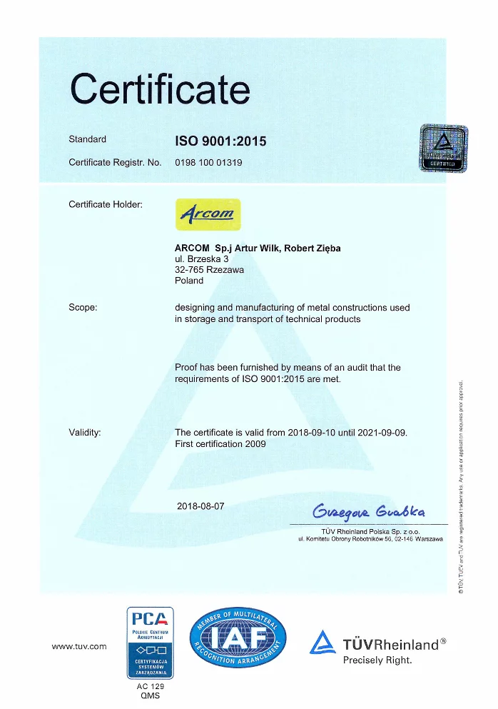 Arcom pozytywnie przeszedł certyfikację ISO 9001:2015
