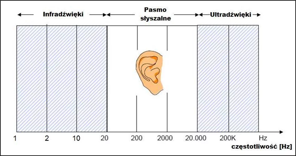 Rys.3 Zakresy częstotliwości infa-, ultradźwięków oraz zakresu słyszalnego