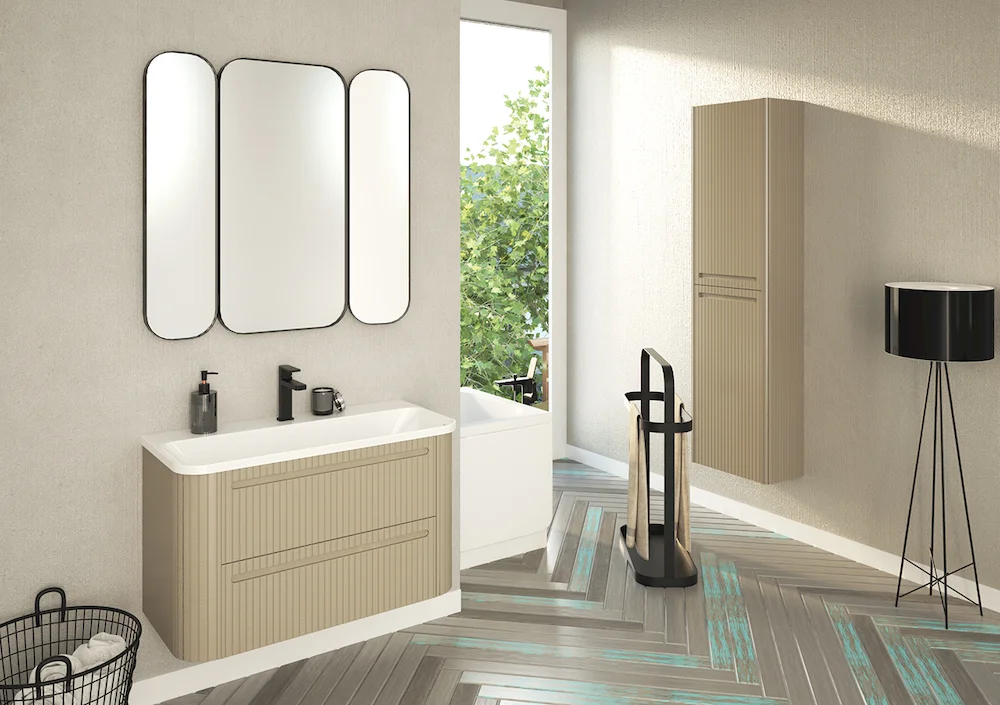 Ryflowane meble do łazienki Gloria 2.0. To projekt Grynasz Studio dla marki Devo!