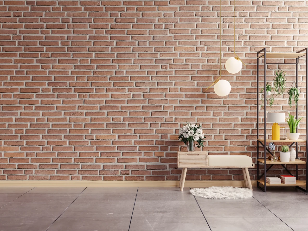 mockup wall bench chair with brick wall 3d rendering