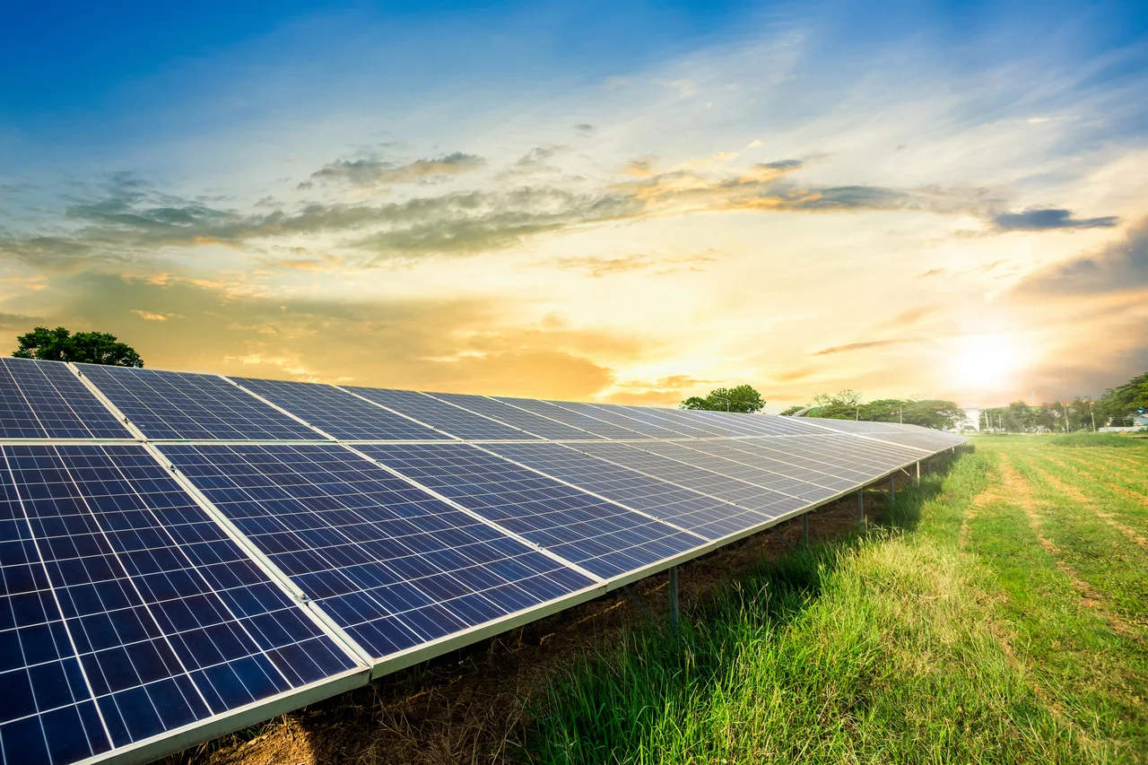 solar panel cell dramatic sunset sky clean alternative power energy concept