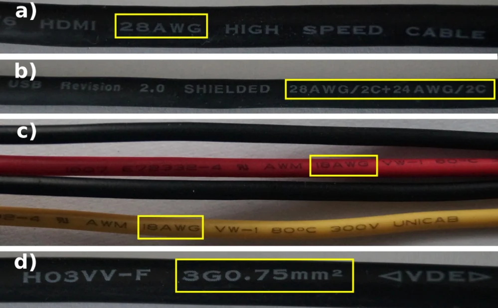 Rys. 4. Przykłady przewodów opisanych wg systemu AWG oraz standardu BS 6722:1986: (a) HDMI, (b) USB, (c) przewody 5 V i 12 V z zasilacza do komputera stacjonarnego, (d) przewód elektryczny ze złączami IEC-C5