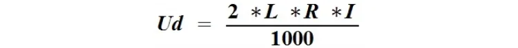 Do obliczeń spadku napięcia (Ud) posłużono się poniższym wzorem dla napięcia stałego i zmiennego (1-fazowego)
