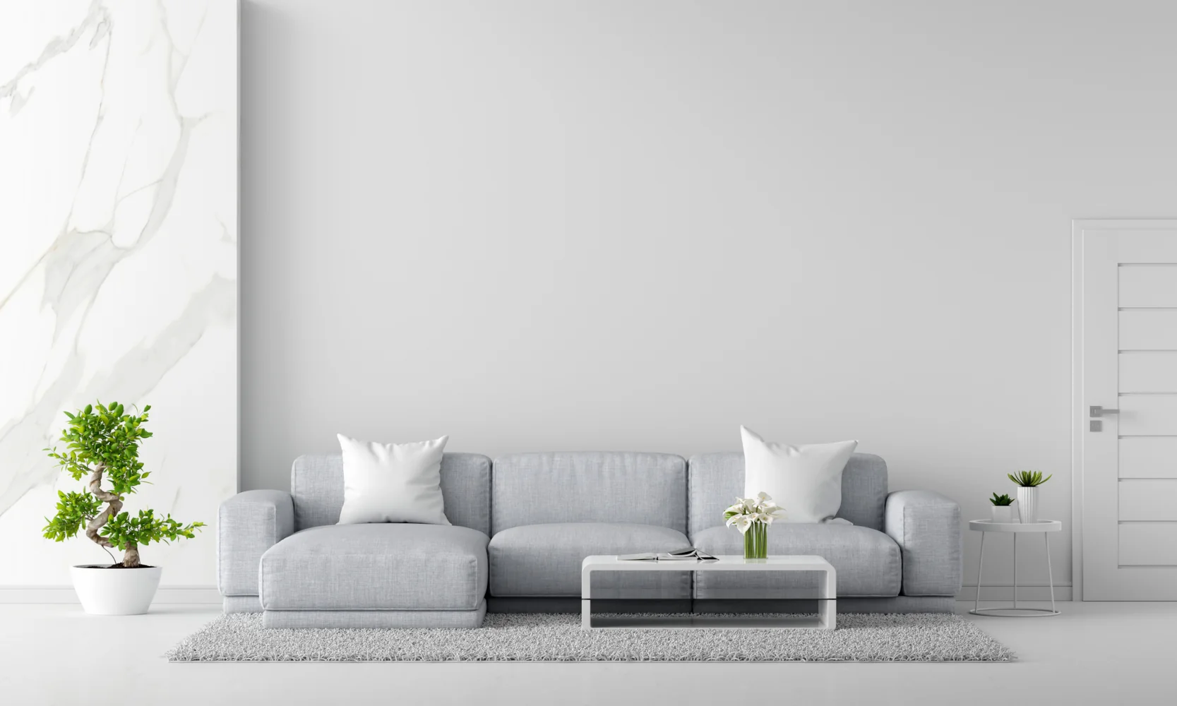 gray sofa white living room interior with copy spac e 3d rendering