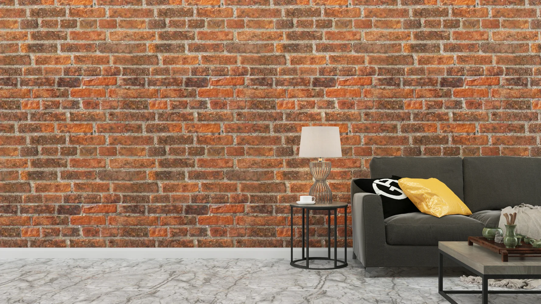 brick tile wall gray sofa living room house background template