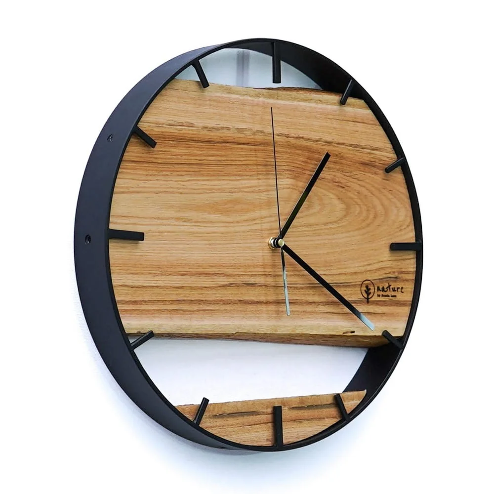 okrągły zegar loftowy time double 40cm czarno-drewniany