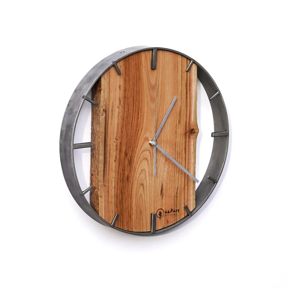 okrągły zegar loftowy time vertical pionowy 50cm stalowo-drewniany