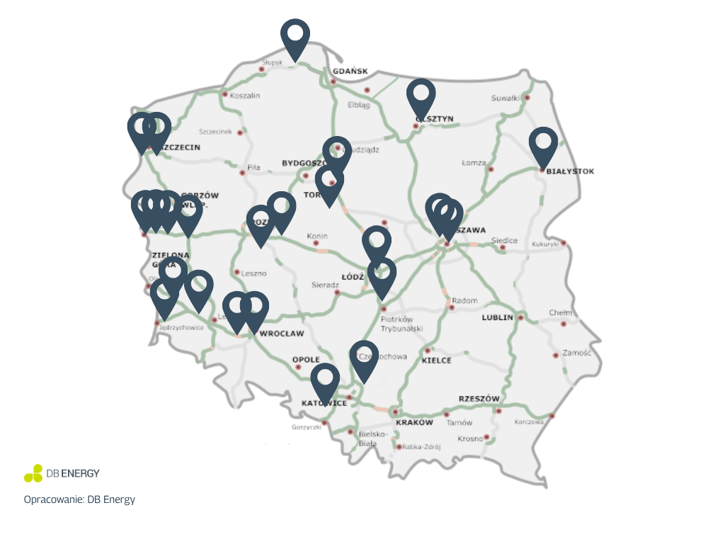Stacje tankowania LNG w Polsce, kwiecień 2026. Opracowanie: DB Energy, Źródło: Exerters