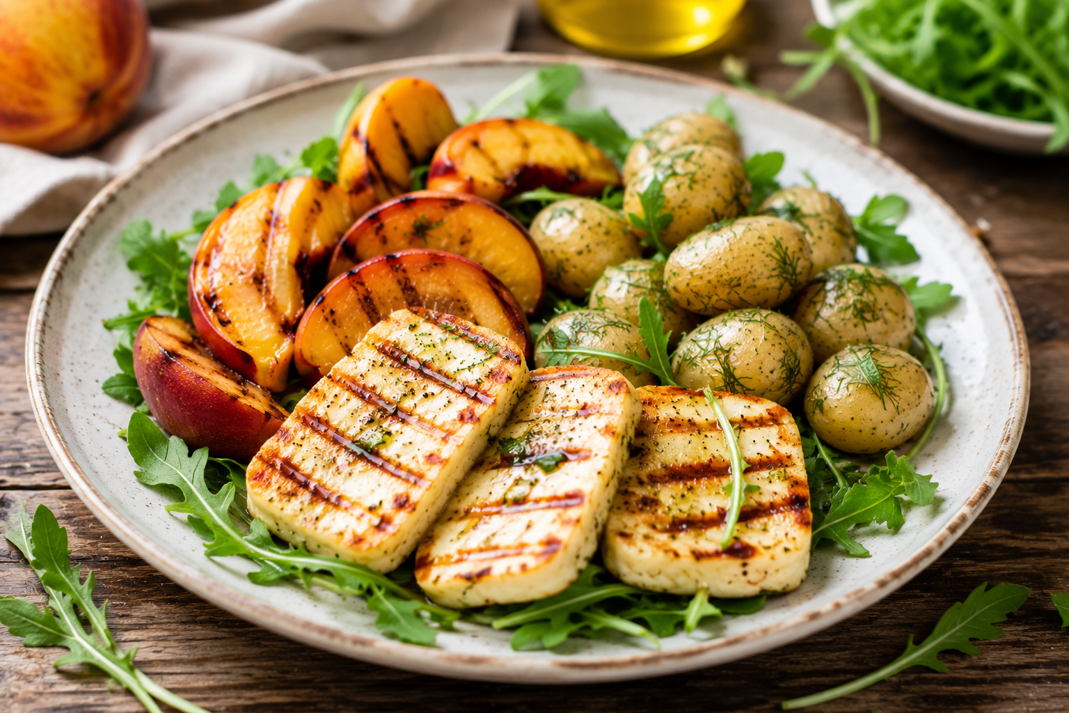 Grillowane halloumi z brzoskwiniami i młodymi ziemniakami