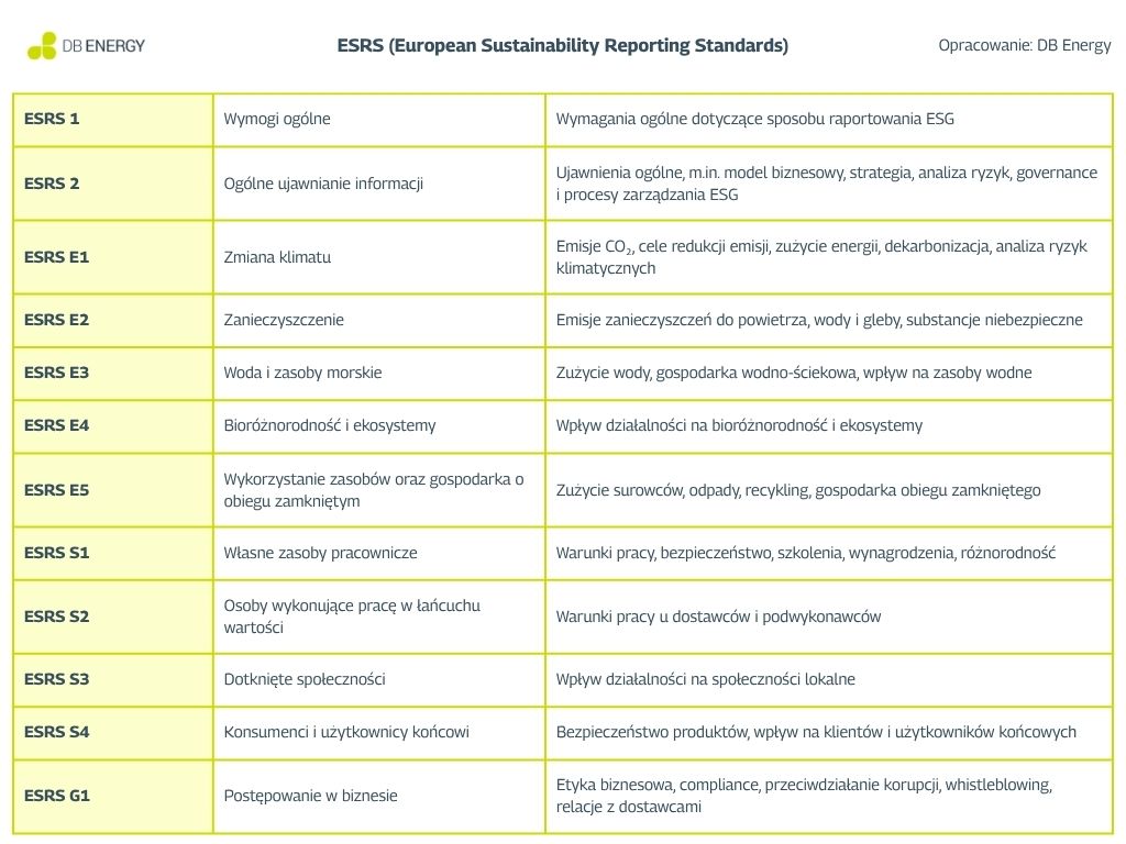 Standardy raportowania zrównoważonego rozwoju ESRS. Opracowanie: DB Energy