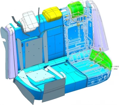 Widok kanapy tylnej auta osobowego z częściowym rozminięciem powierzchni oraz analizą odkształceń. CAMdivision