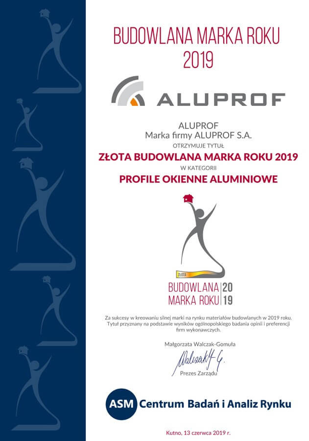 Złota Budowlana Marka Roku 2019 w Kategorii Profile okienne aluminiowe
