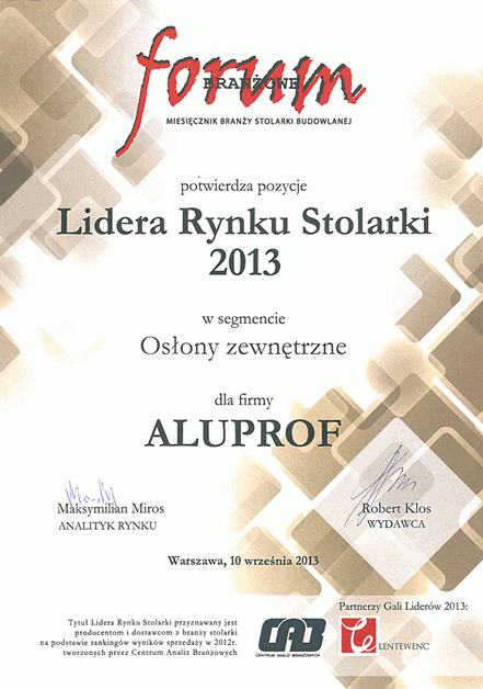 Lider Rynku Stolarki 2013 dla firmy Aluprof