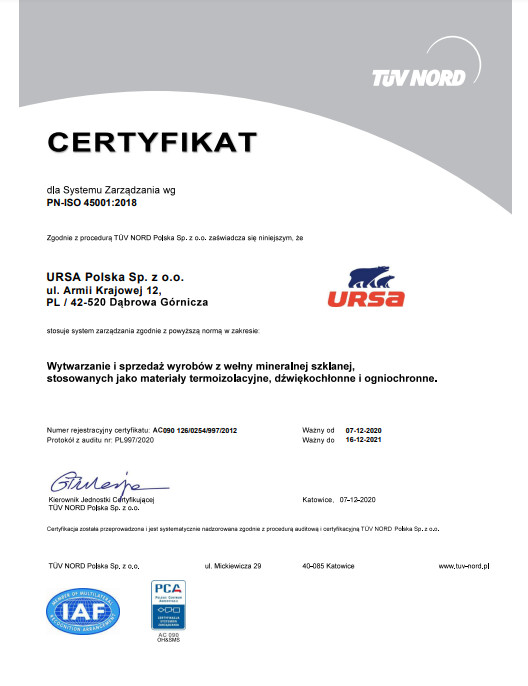 Certyfikat PN-ISO 45001:2018