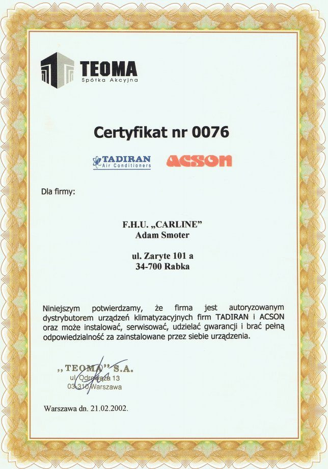 Certyfikat Nr 0076 (2002)
